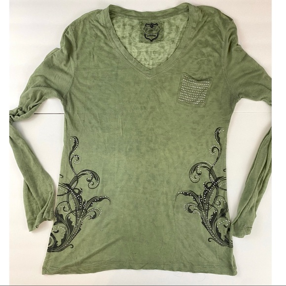 Pink Cattlelac, Green, Long Sleeve, Rhinestone TShirt, Boho Style - Picture 1 of 6